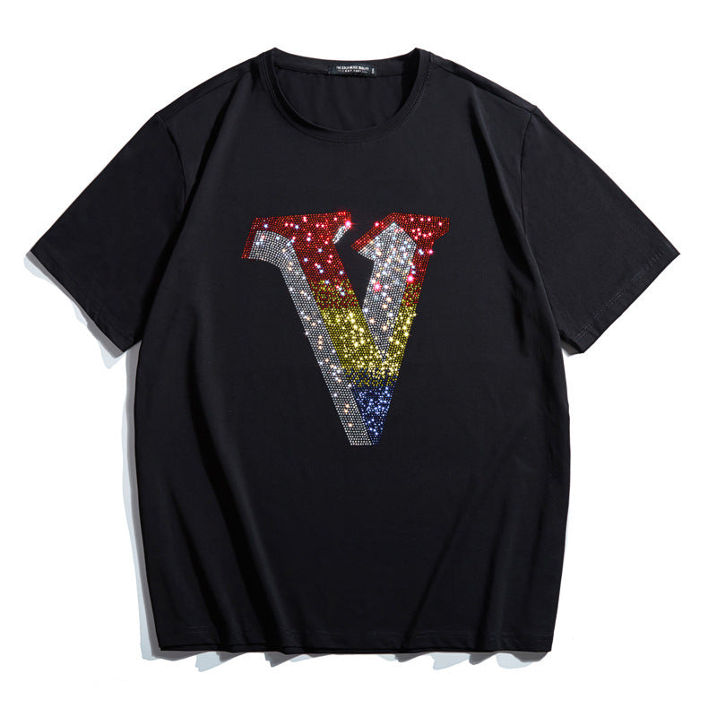 Fashion Personality Hot Diamond Plus Fat Short-Sleeved T-shirt Men