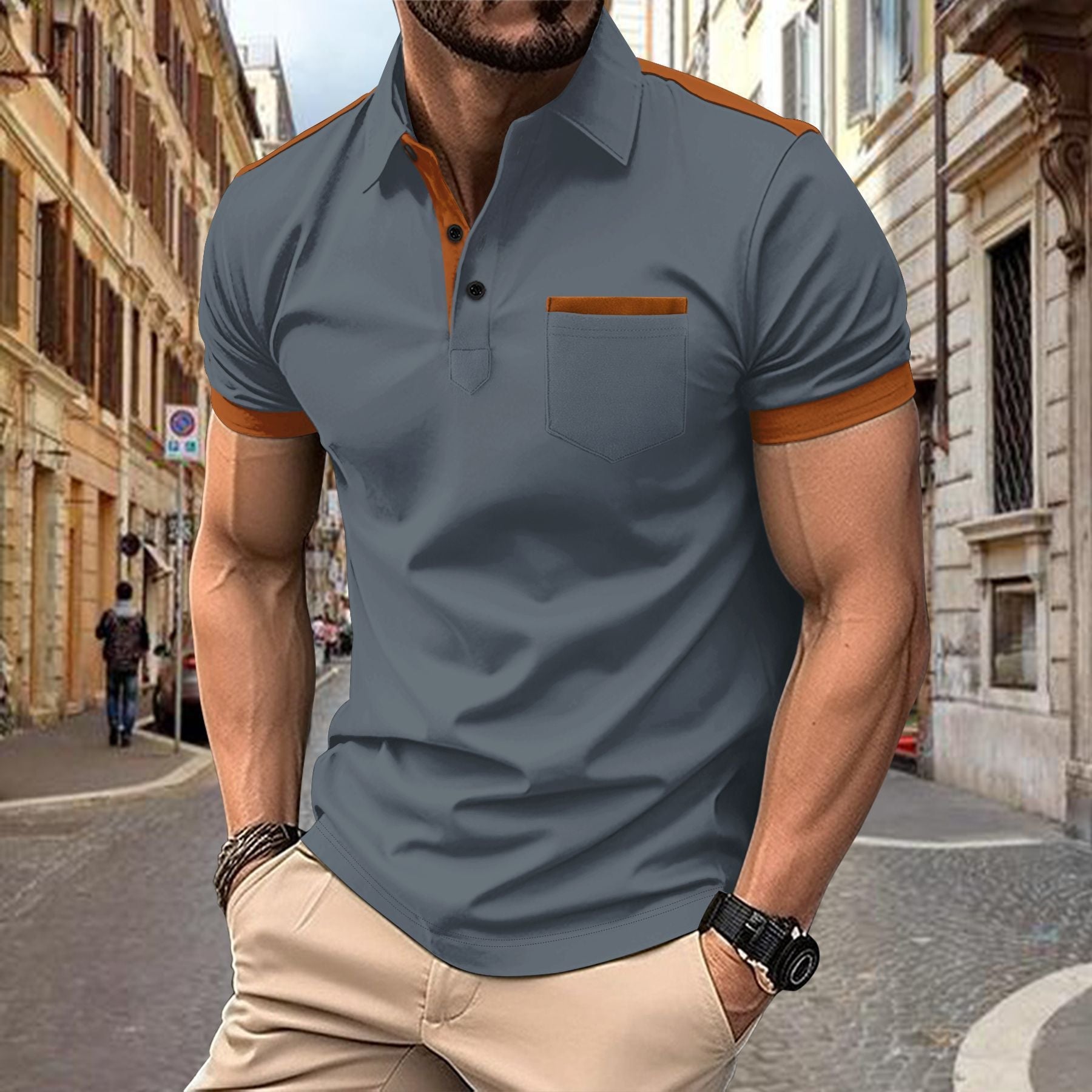 Lapel Button Stitching Color Matching All-match T-shirt