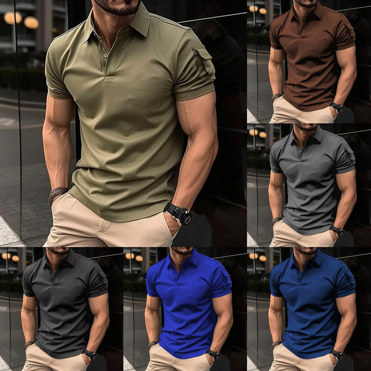 European And American Summer Men's Lapel Button P Arm Short Sleeve Pocket Sweatshirt